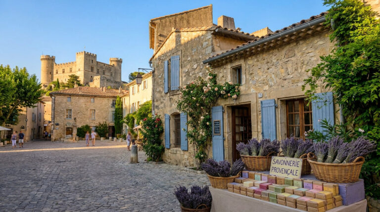 Place pavée à Salon-de-Provence avec des paniers de lavande et le château de l'Empéri en arrière-plan.