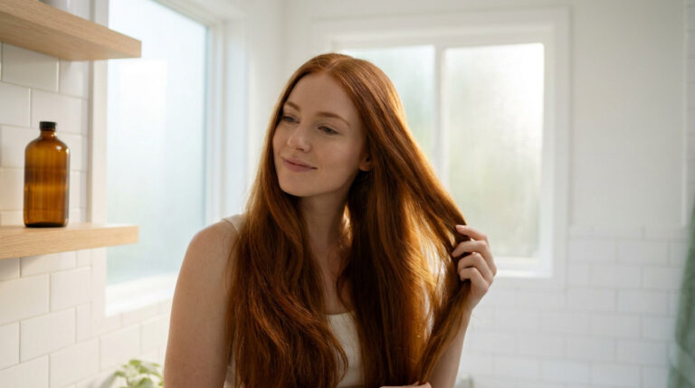 Pourquoi passer au shampoing sans sulfate pour tes cheveux Une femme rousse aux longs cheveux sains se regarde dans le miroir de sa salle de bain lumineuse.