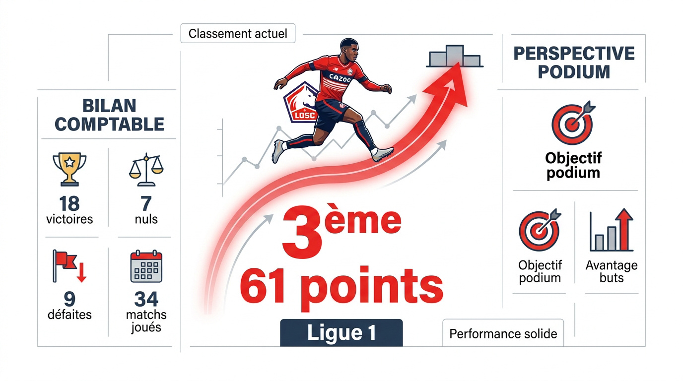Classement actuel du LOSC en Ligue 1 montrant la troisième place avec 61 points