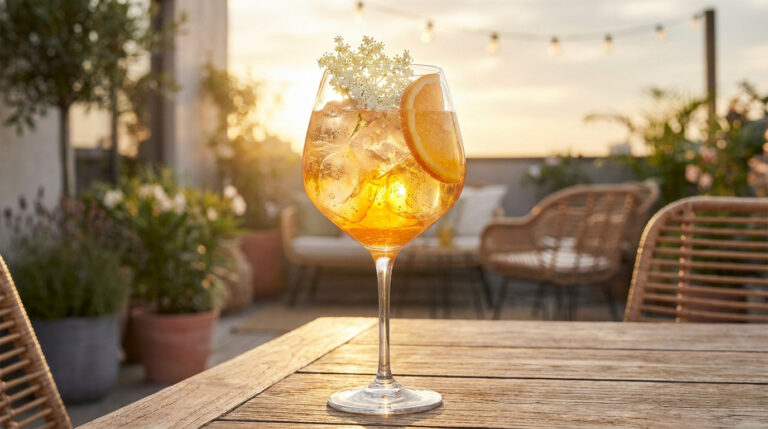 Spritz saint germain : la recette pour ton cocktail floral Un verre de Spritz Saint-Germain avec une tranche d'orange et des fleurs, posé sur une table en bois au soleil couchant.