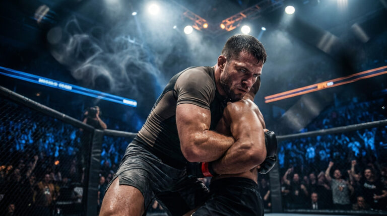 Khamzat Chimaev : les secrets du loup qui terrorise l’UFC Un combattant de MMA intensément concentré saisit son adversaire dans l'octogone devant une foule en délire.