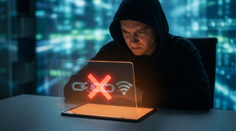 Bounty chat : pourquoi la connexion est impossible ? Un utilisateur à capuche face à un écran affichant une icône de connexion rompue et une croix rouge.