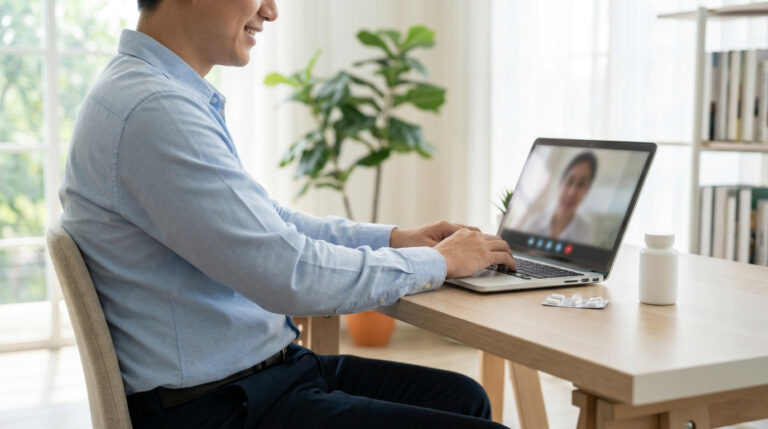 Un homme en chemise bleue en visioconférence avec un médecin sur un ordinateur portable.