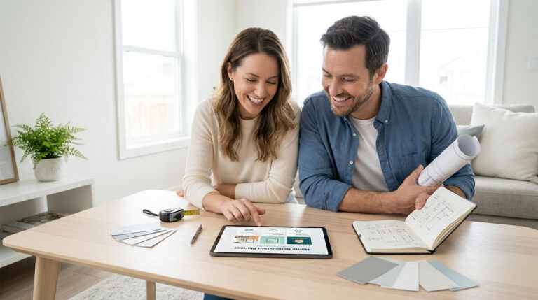 Gospi.fr maison et travaux : ton allié pour tout rénover Un couple souriant consulte une tablette pour planifier les travaux de rénovation de leur maison.