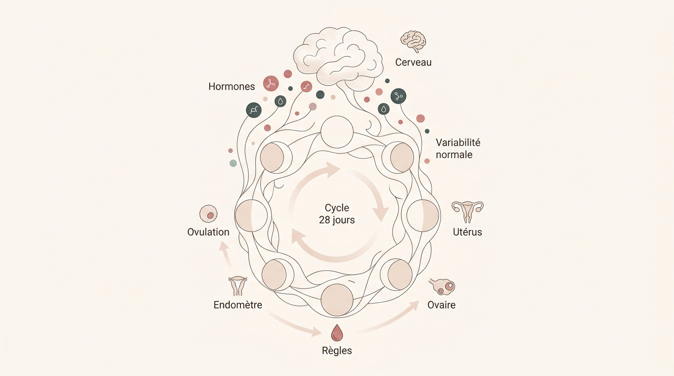 Schéma éducatif montrant les phases du cycle menstruel et les variations hormonales
