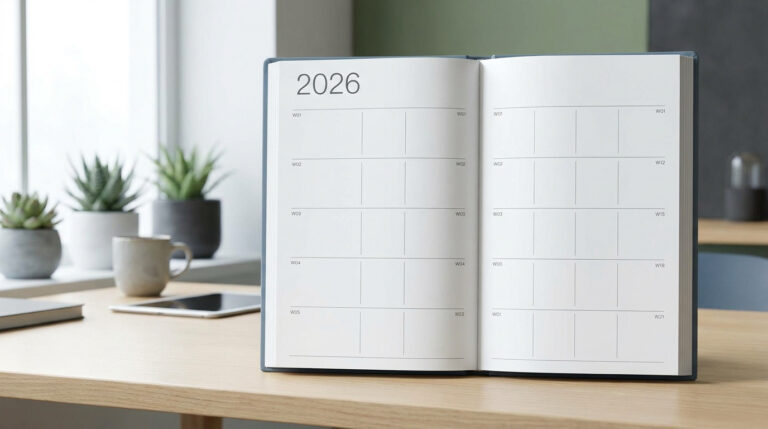 Quelle semaine sommes nous en ce moment ? Le point sur 2026 Un agenda ouvert posé sur un bureau en bois, montrant les pages vierges du calendrier de l'année 2026.