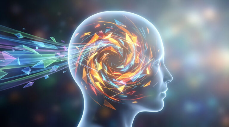 TDAH adulte : comprendre et gérer ton cerveau en ébullition Illustration d'une silhouette de tête humaine avec une spirale colorée et des éclats cristallins à l'intérieur.