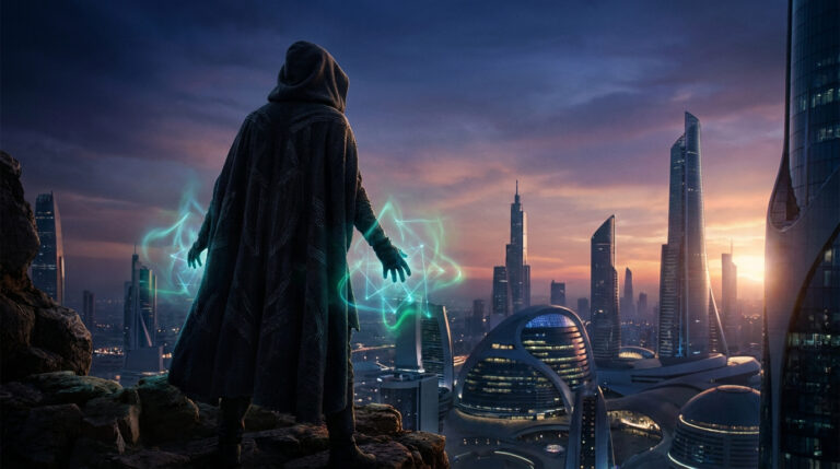 Personnage encapuchonné surplombant une ville futuriste avec des pouvoirs magiques bleus émanant de ses mains.