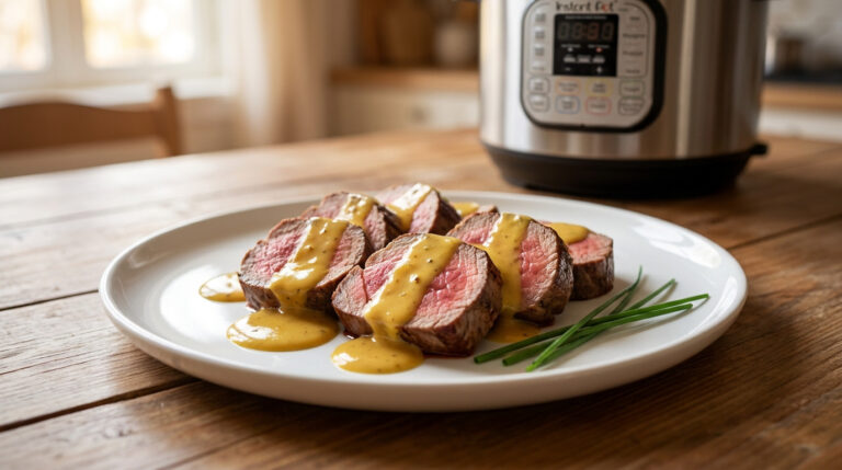 Filet mignon au Cookeo : tes astuces pour une viande tendre Tranches de filet mignon rosées nappées de sauce sur une assiette blanche avec une ciboulette, près d'un multicuiseur.
