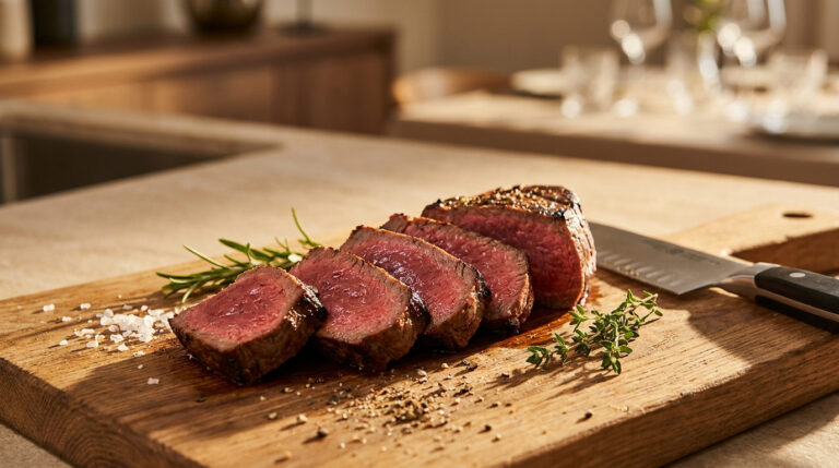 Filet de bœuf : les secrets pour une tendreté absolue Filet de bœuf tranché sur une planche en bois avec du romarin et un couteau de cuisine.