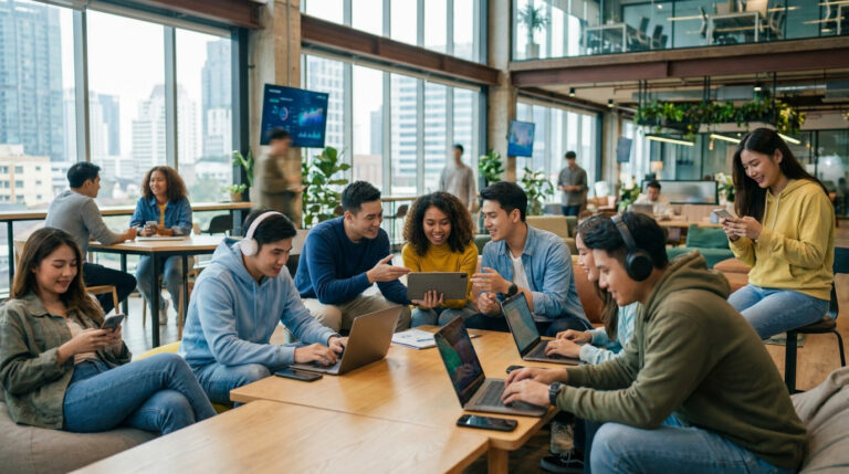 Génération Z : décryptage de ces nouveaux natifs du digital Jeunes adultes travaillant ensemble sur des ordinateurs et tablettes dans un bureau moderne et lumineux.
