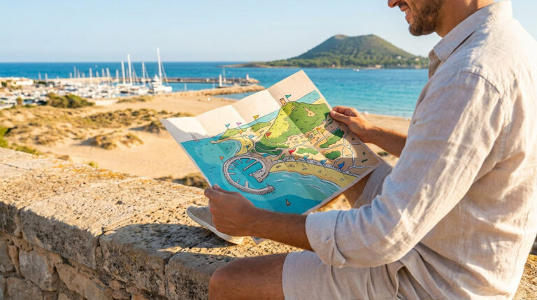 Cap d’Agde : ta carte pour explorer la station sans stress Un homme en chemise en lin tient une carte illustrée du Cap d'Agde avec en arrière-plan la plage et la marina.