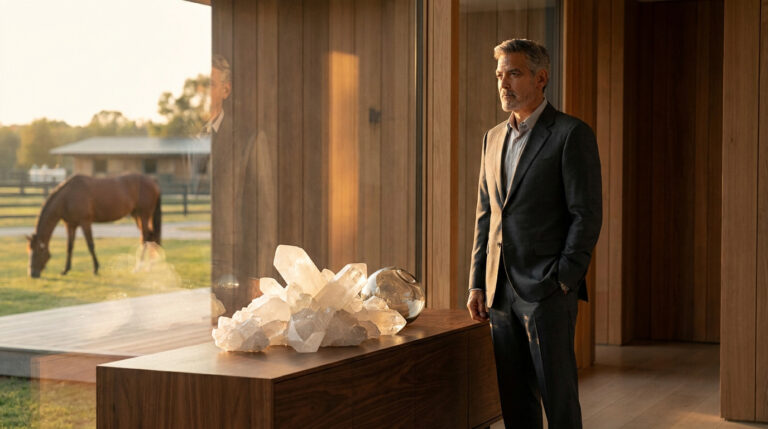 Serge Varsano : les secrets du discret magnat du sucre George Clooney en costume debout près d'une baie vitrée avec un cheval en arrière-plan et un cristal sur une console.