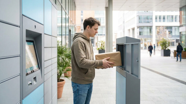 Vinted Go : ton allié pour des envois simples et écolos Un jeune homme dépose un colis dans une consigne automatique Vinted Go à l'extérieur.