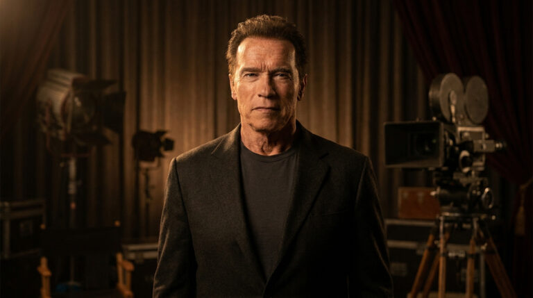 Arnold Schwarzenegger en costume sombre, posant face caméra dans un studio de cinéma avec une caméra vintage.