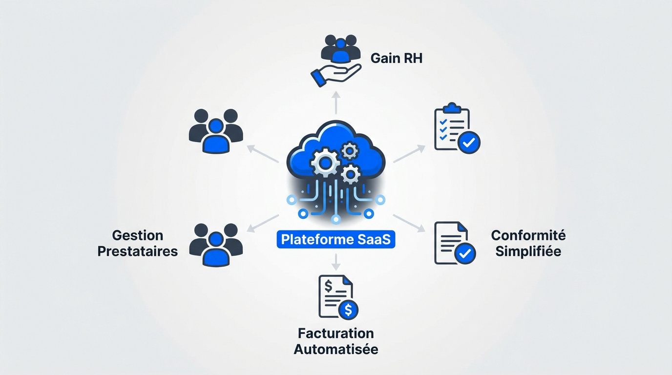 Infographie expliquant le fonctionnement d'un Vendor Management System pour la gestion des prestataires