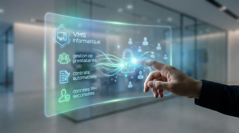 Tout comprendre sur le vms informatique pour ton entreprise Main interagissant avec une interface numérique holographique illustrant la gestion VMS et la sécurité des données.