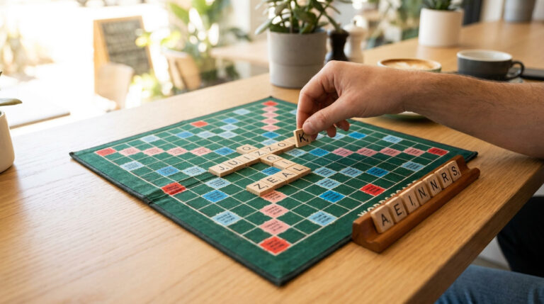Une main place un jeton de lettre K sur un plateau de jeu de Scrabble posé sur une table en bois.