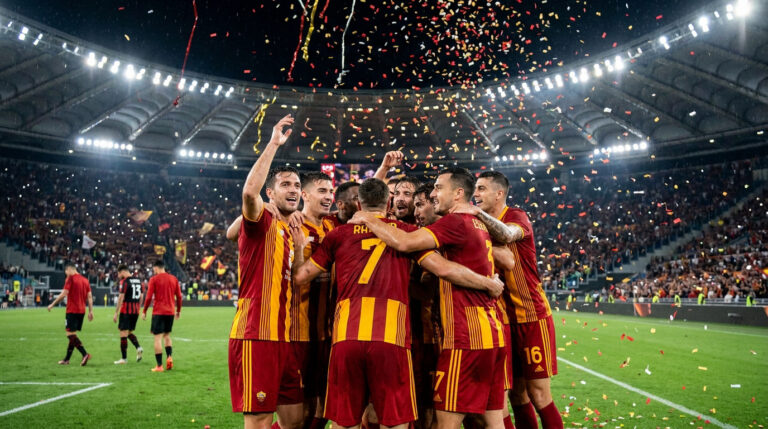 Le sacre historique de Lens face à Nice en finale 2026 Joueurs de foot en maillot rouge et or célébrant une victoire sous une pluie de confettis dans un stade comble.