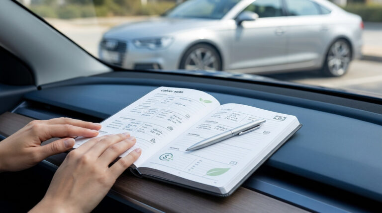 Pourquoi le cahier auto va sauver ton budget et ta revente Mains tenant un carnet de suivi automobile ouvert sur le tableau de bord d'une voiture, avec une voiture en arrière-plan.
