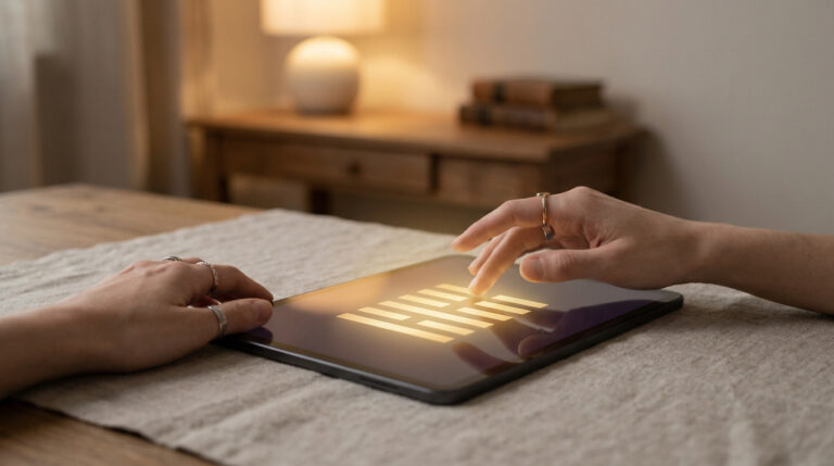 Yi king gratuit : ton oracle pour décider avec sagesse Mains consultant un hexagramme du Yi King lumineux sur l'écran d'une tablette posée sur une table en bois.