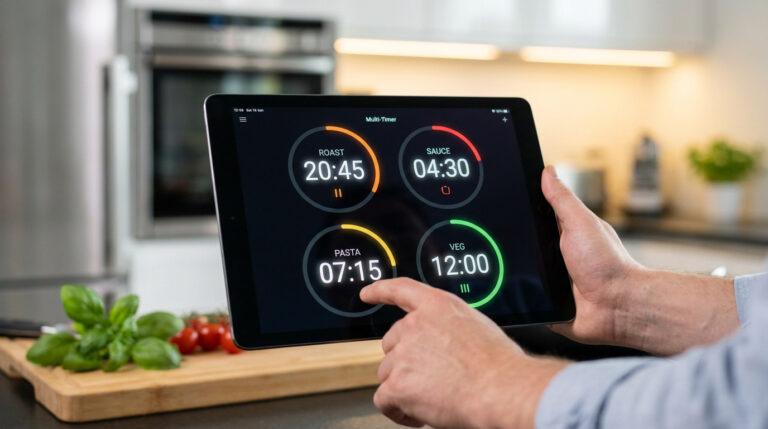 Une personne utilisant une application de minuteur de cuisine sur une tablette dans une cuisine moderne.
