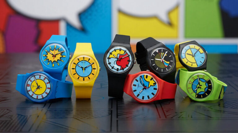 Pourquoi la collection Royal Pop est l’accessoire ultime Une sélection de montres colorées de la collection Royal Pop disposées sur une surface sombre avec un fond pop art.
