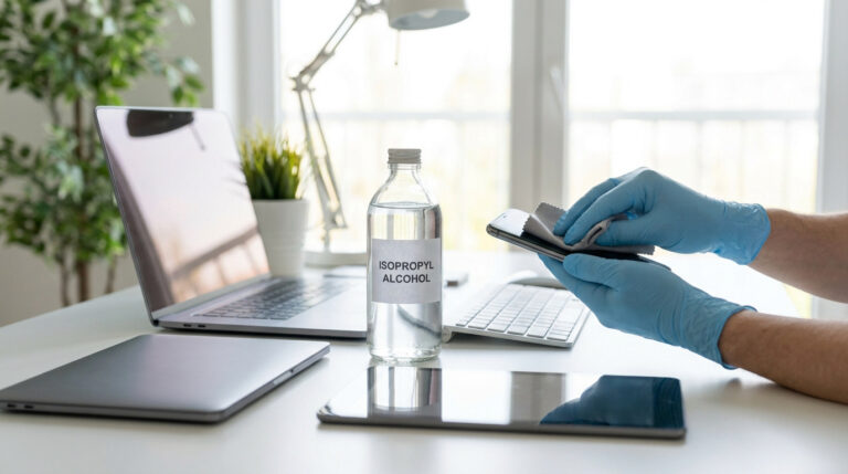 Mains avec gants bleus nettoyant un smartphone avec un chiffon et de l'alcool isopropylique sur un bureau.