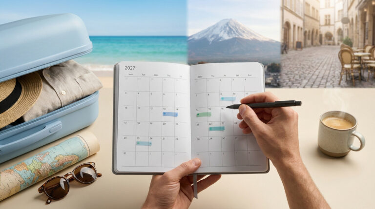 Tout savoir sur tes vacances scolaires 2027 Une personne note ses vacances 2027 dans un agenda, entourée d'une valise, d'une carte du monde et d'images de destinations.