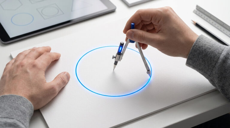 Cercle parfait : le défi ultime pour tester ta précision Mains traçant un cercle lumineux parfait avec un compas sur une feuille de papier blanche.