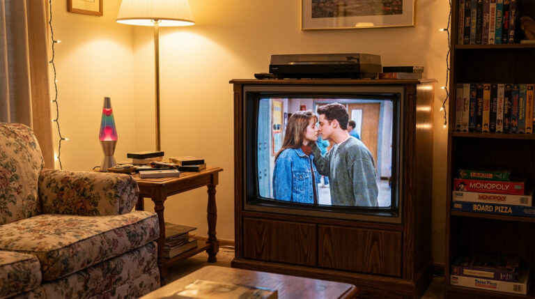 Pourquoi 1 baiser a changé la télé avec Premiers Baisers Un salon vintage des années 90 avec une télévision cathodique diffusant un baiser romantique d'une série télévisée.