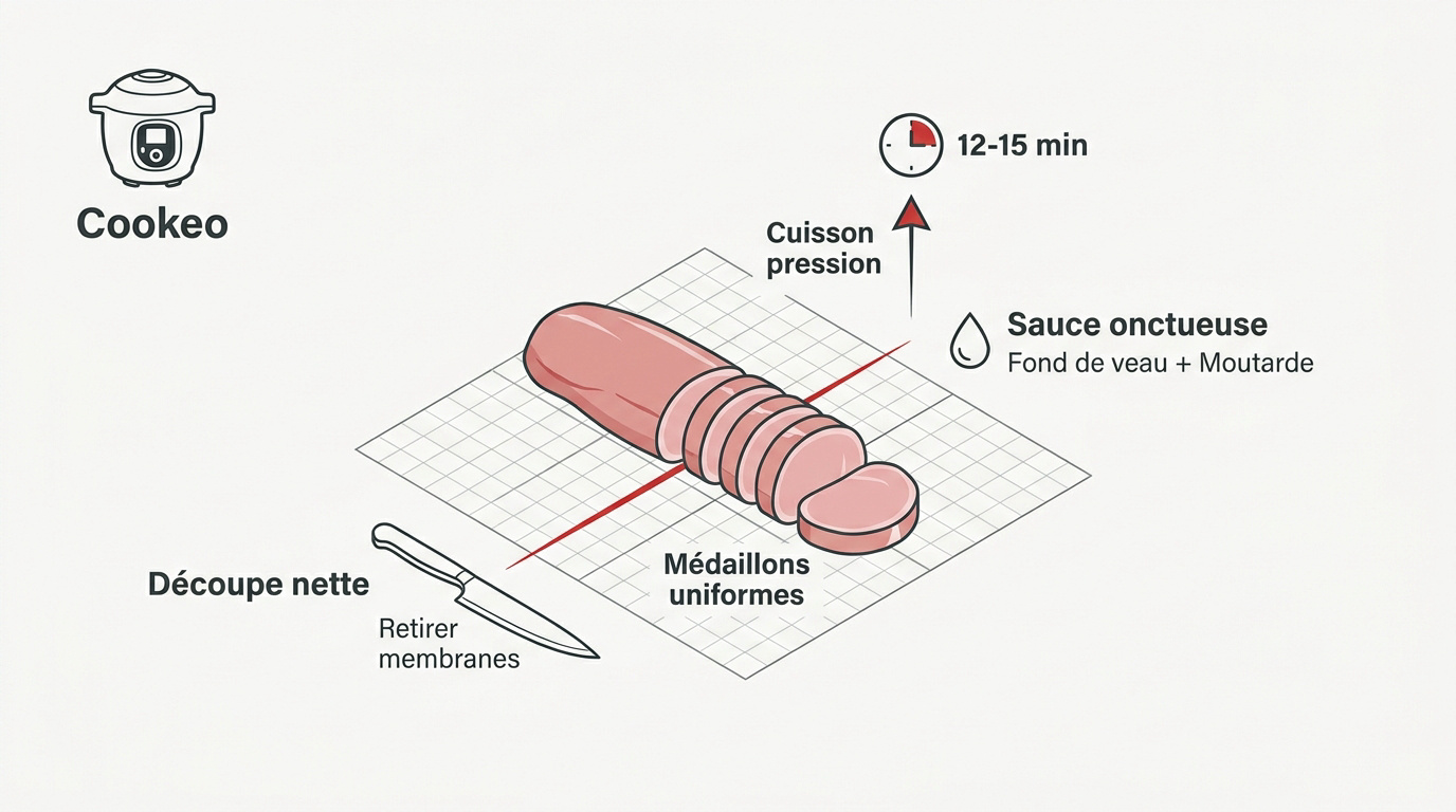 Préparation de tranches de filet mignon de porc sur une planche à découper