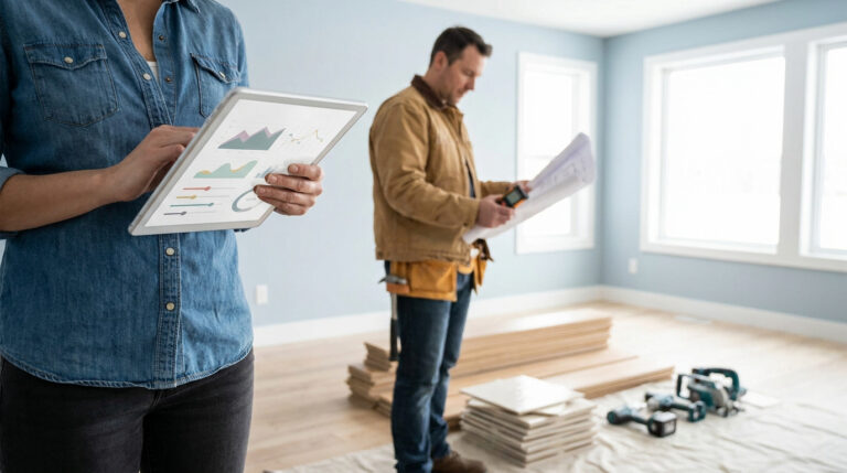 Travauxmakers artisan : l’astuce pour réussir tes chantiers Une personne utilisant une tablette avec des graphiques devant un artisan consultant des plans sur un chantier.