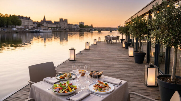 Pourquoi tu vas adorer le Nid de Bécassine à Nantes Table dressée avec des plats gastronomiques sur une terrasse flottante au bord de l'eau au coucher du soleil à Nantes.