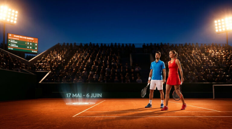 Tout savoir sur la date de Roland Garros et ton programme Un joueur et une joueuse de tennis sur le court de Roland-Garros avec les dates 17 mai au 6 juin affichées.