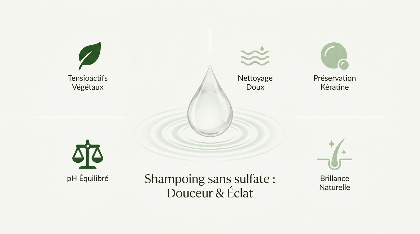 Flacon de shampoing sans sulfate entouré d'ingrédients naturels comme la noix de coco