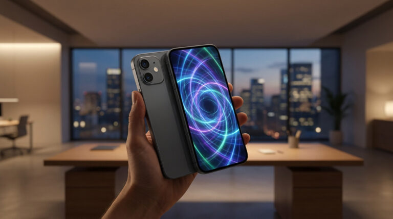 Pourquoi l’iPhone 12 est encore une pépite en 2026 Une main tenant un iPhone 12 avec un fond d'écran abstrait en spirale lumineuse, devant un bureau moderne au crépuscule.