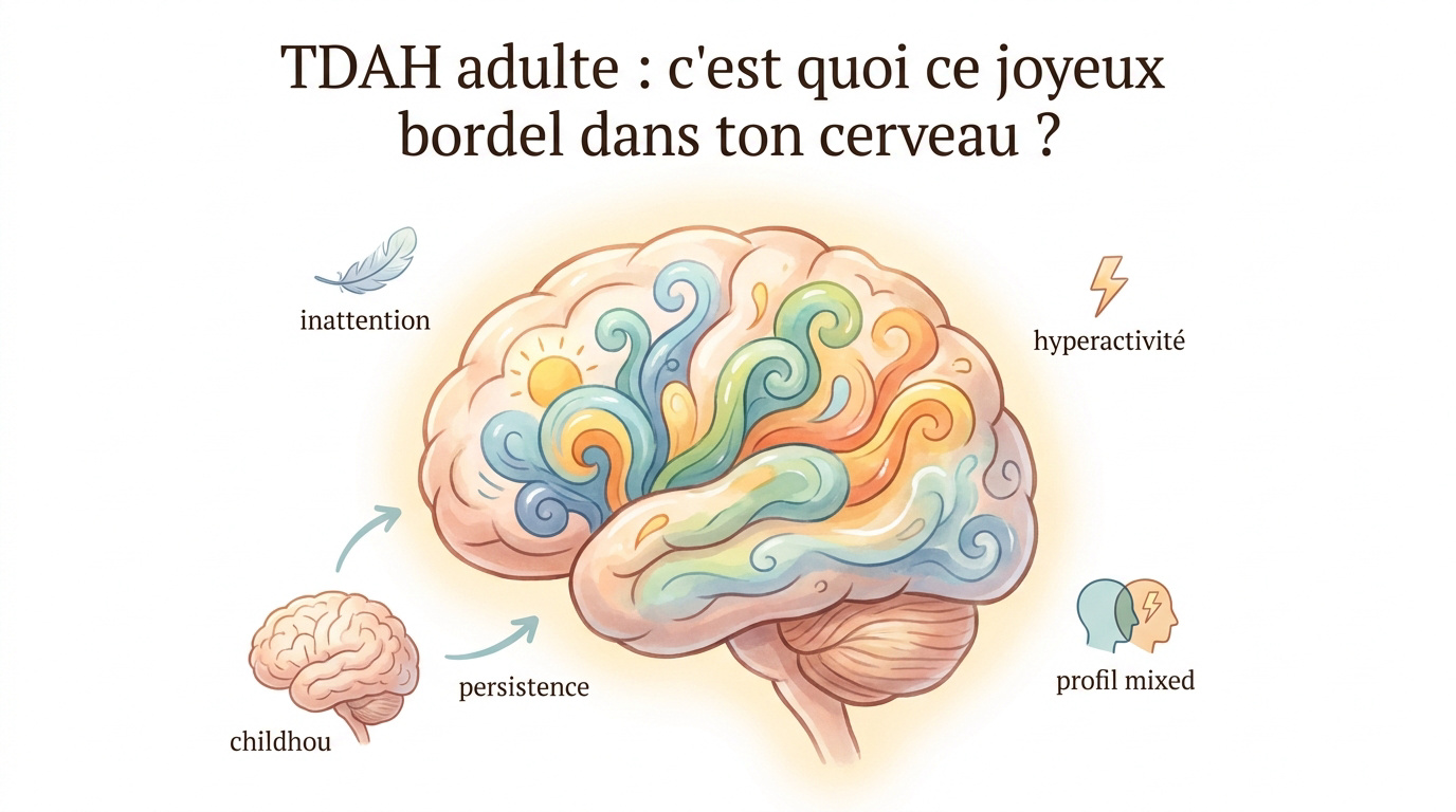 Illustration d'un cerveau d'adulte en plein chaos créatif et désorganisé lié au TDAH