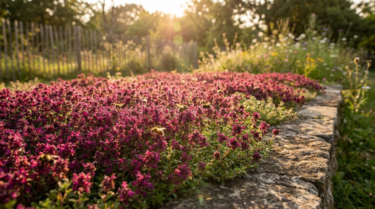 Pourquoi le thym serpolet rouge est le roi de ton jardin Un tapis dense de thym serpolet rouge en fleurs bordant un muret en pierre sous la lumière dorée du soleil couchant.
