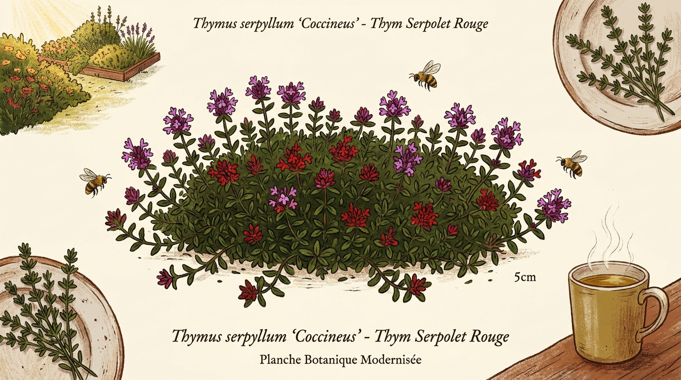 Planche botanique moderne du thym serpolet rouge montrant son port rampant et ses fleurs pourpres
