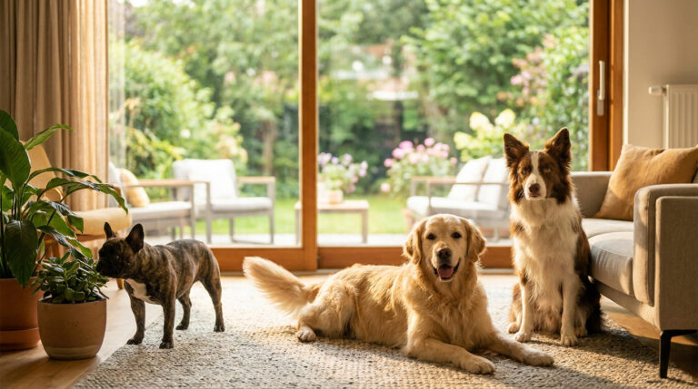 Trouve la race de chien idéale pour ton mode de vie Trois chiens de races différentes assis dans un salon lumineux avec une vue sur un jardin.