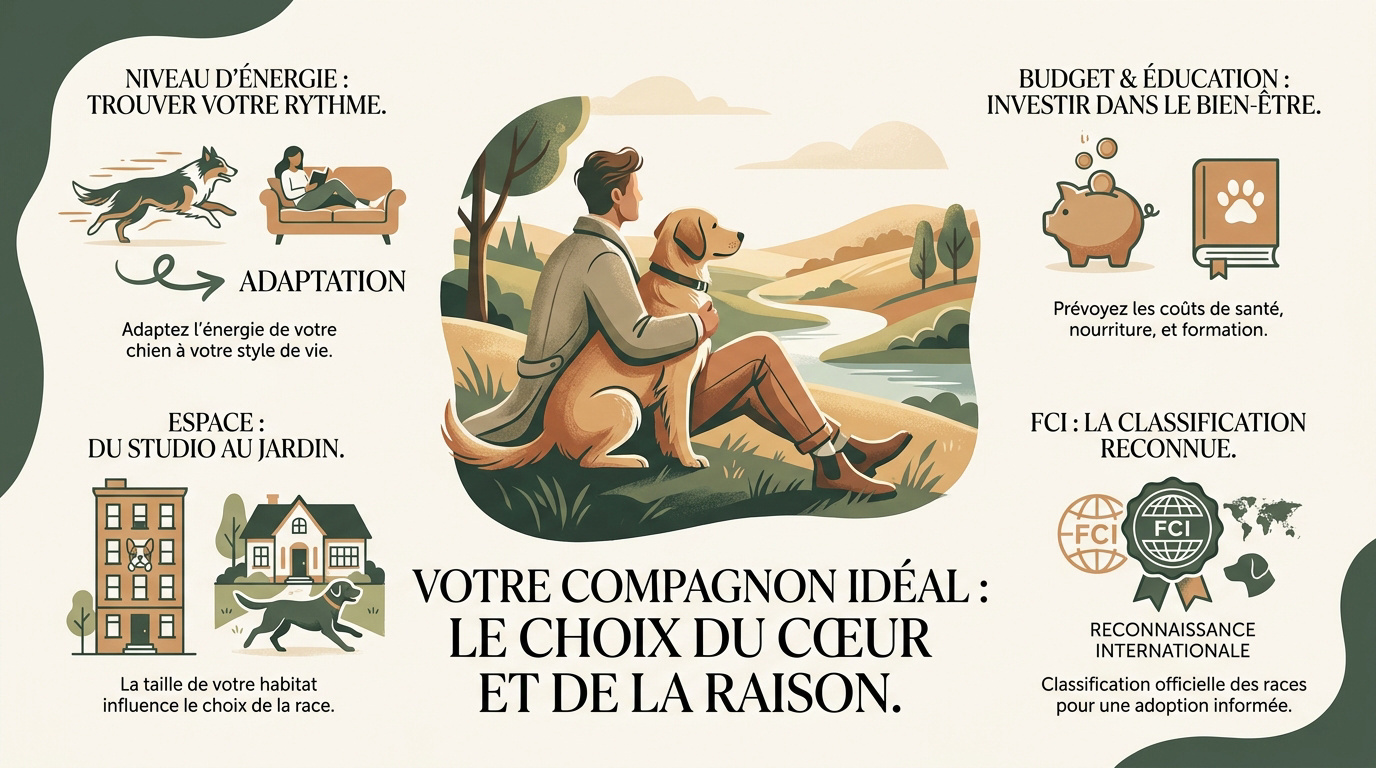 Un homme et son chien heureux en plein air choisissant la race idéale