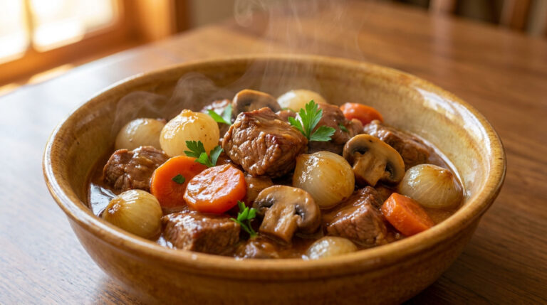 Un bol en céramique rempli de veau Marengo fumant avec des champignons, des carottes et des oignons grelots.