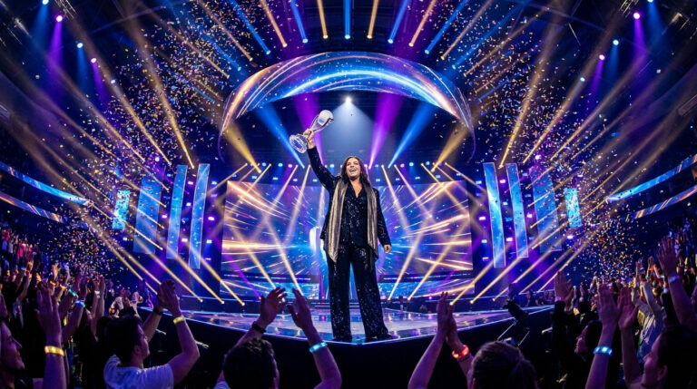 Qui a gagné l’Eurovision 2026 : le verdict final est tombé Une artiste victorieuse brandit le trophée de l'Eurovision sur scène sous une pluie de confettis devant un public en liesse.