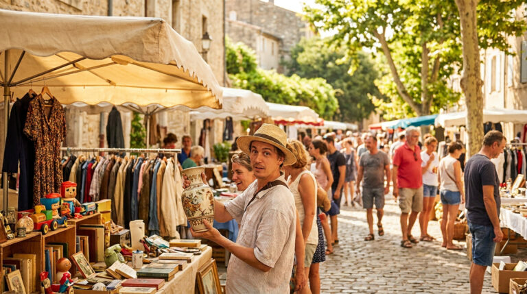 Ton agenda des vide grenier 35 : où chiner cet été ? Un homme au chapeau présente un vase ancien sur un stand lors d'un vide-grenier animé en extérieur.