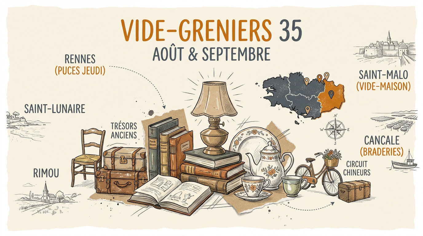 Chineurs parcourant un vide grenier 35 en Ille-et-Vilaine sous le soleil d'août