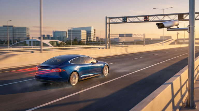 Une voiture bleue roulant rapidement sous un radar automatique sur une autoroute urbaine au coucher du soleil.