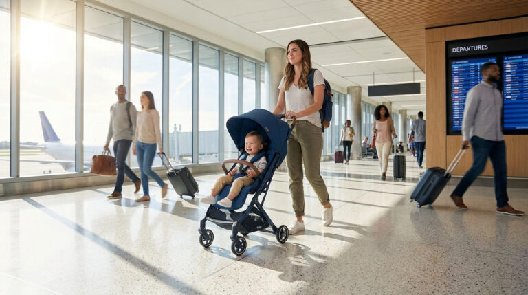 Une mère poussant son jeune enfant dans une poussette YOYO bleue dans un aéroport moderne.