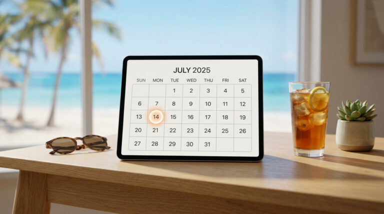 Ton calendrier de juillet 2025 pour une organisation au top Tablette affichant le calendrier de juillet 2025 sur une table face à une plage ensoleillée.