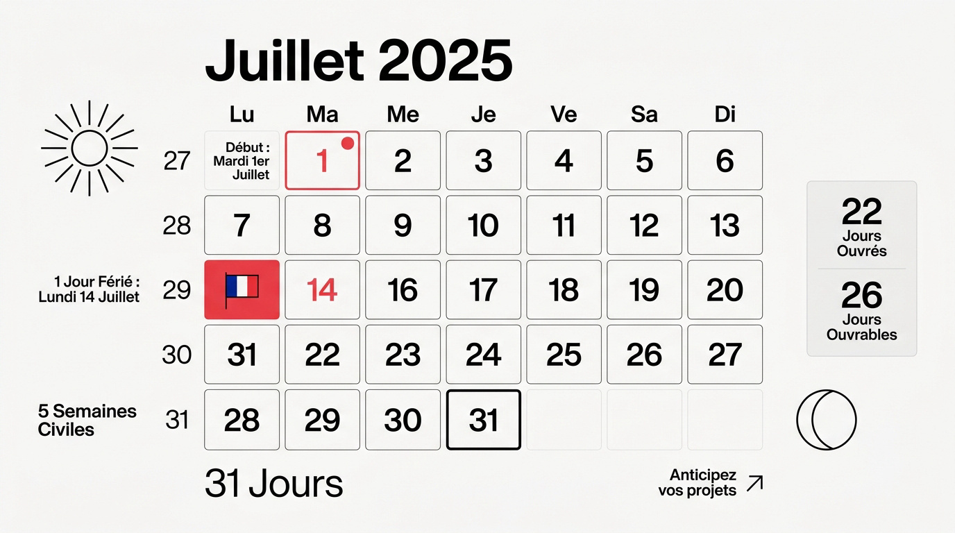 Calendrier de juillet 2025 pour organiser ses vacances et son travail
